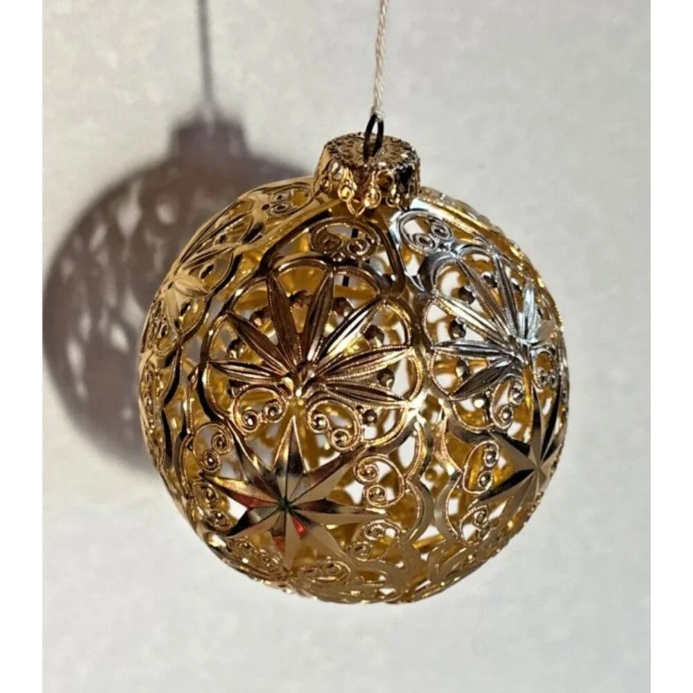5 Hand Painted Glass Bells & 1 Gold Filigree Ball Christmas Ornaments Glitter